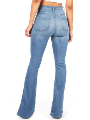 Light blue cotton high-rise bootcut jeans with a curvy fit.
