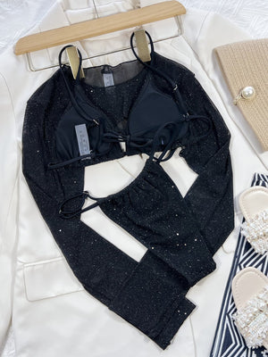 Black glitter mesh bikini set with long sleeve bolero.