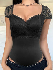 Black lace sweetheart bodysuit with cap sleeves and scalloped trim
