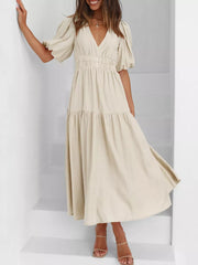 Elegant Puff Sleeve V-neck Midi Dress in Black, side view
