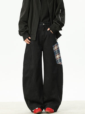 Men's black wide leg sweatpants with plaid pocket detail