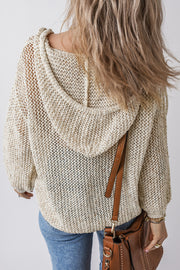 Beige open-knit hoodie pullover with V-neck and relaxed fit.
