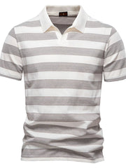 Textured stripe polo shirt in ivory with a spread collar and short sleeves.
