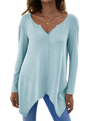 Pastel blue ribbed knit tunic with V-neck and asymmetric hem