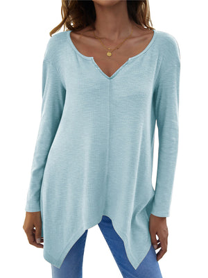 Pastel blue ribbed knit tunic with V-neck and asymmetric hem