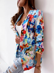 Vibrant Floral Print Open Front Blazer in Red, close-up detail