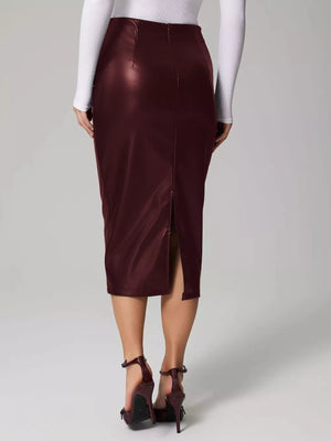 Burgundy leather midi skirt with back slit and high waist.