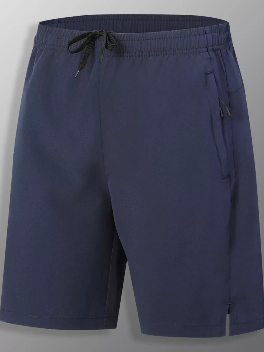 Dark blue men's athletic jogger shorts with drawstring and zip pockets.