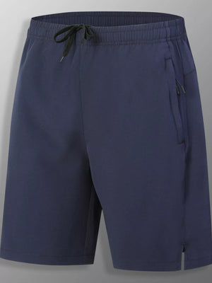 Dark blue men's athletic jogger shorts with drawstring and zip pockets.