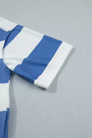 T-shirt dress with blue and white stripes, short sleeves, and a ribbed cuff detail.