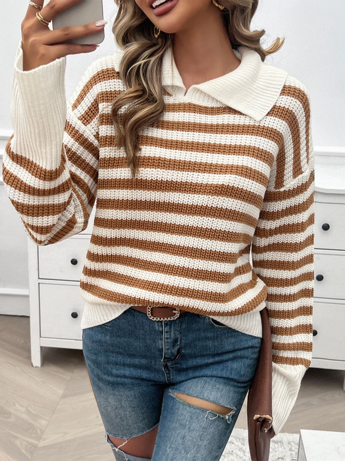 Wide collar knit pullover sweater with caramel and white stripes, long sleeves, and a relaxed fit.