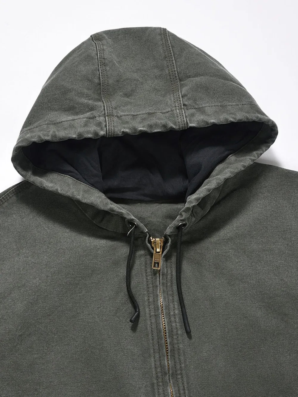 Washed canvas workwear hoodie jacket in Army Green with a zip front and drawstring hood.