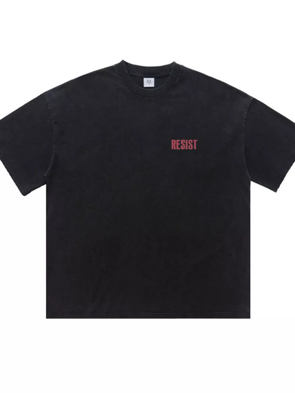Distressed charcoal graphic tee with red "RESIST" text, crewneck, short sleeves.
