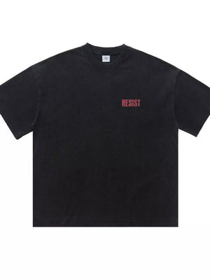 Distressed charcoal graphic tee with red "RESIST" text, crewneck, short sleeves.