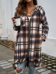 Draped plaid cocoon hoodie jacket with zipper and pockets, in a brown and blue plaid pattern.