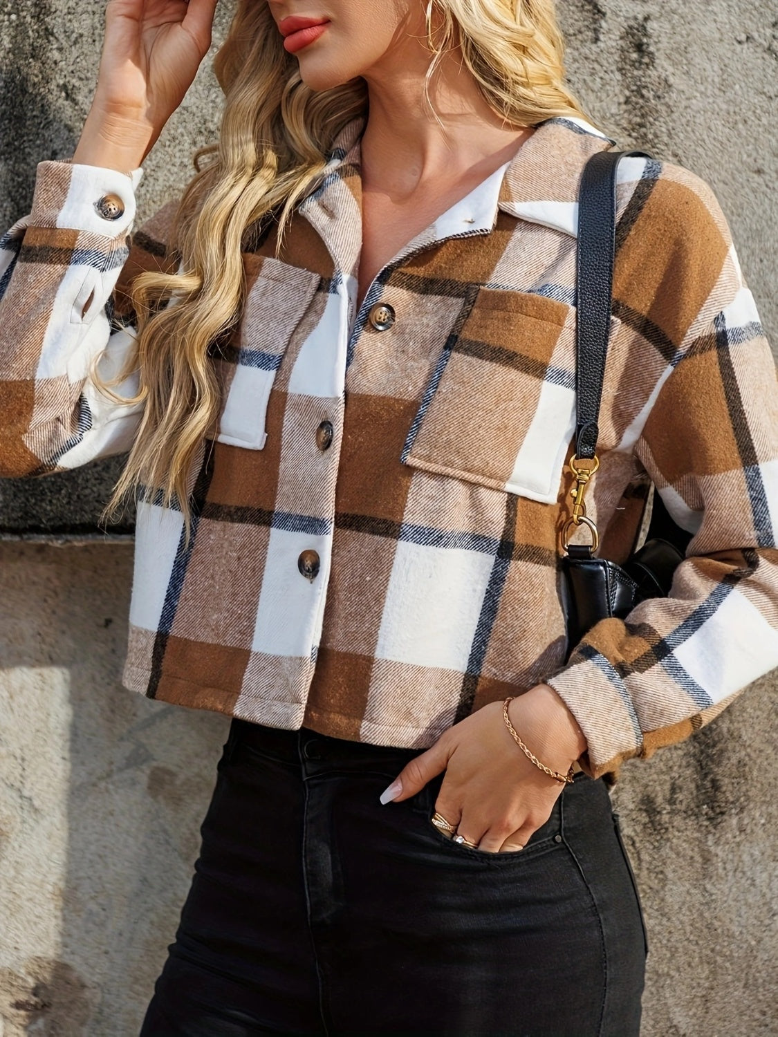 Boxy plaid cropped shacket in caramel with button front and chest pockets.