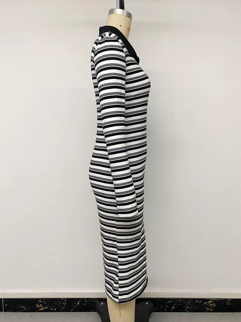 Striped Polo Collar Midi Dress in Black, alternate angle