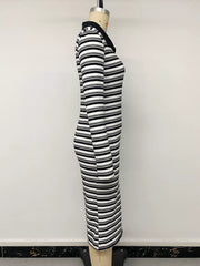 Striped Polo Collar Midi Dress in Black, alternate angle