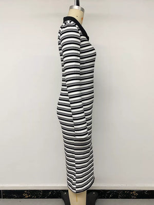 Striped Polo Collar Midi Dress in Black, alternate angle