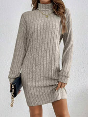 Light Gray ribbed turtleneck mini dress with long sleeves and a casual fit.