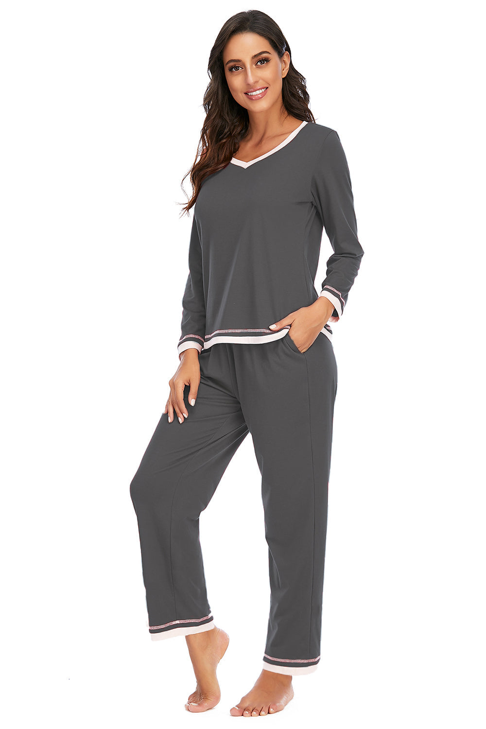 Charcoal V-neck long sleeve pajama set with contrast trim on neckline, cuffs, and hem.