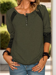 Army green long sleeve henley tee with black striped raglan sleeves and button detail
