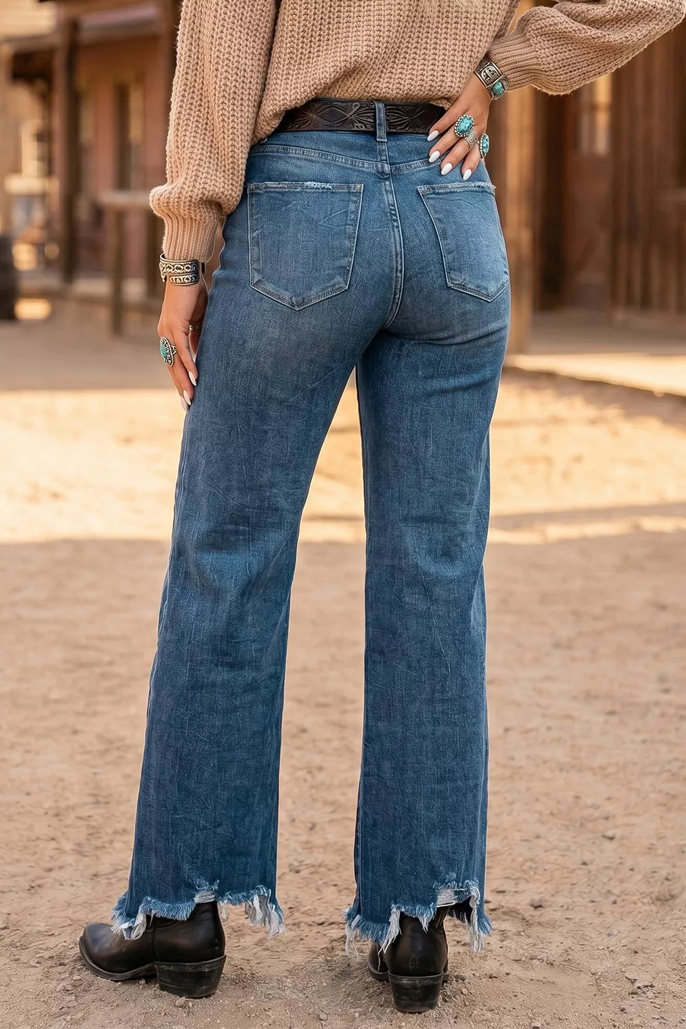 High Waist Frayed Hem Flare Jeans, side view