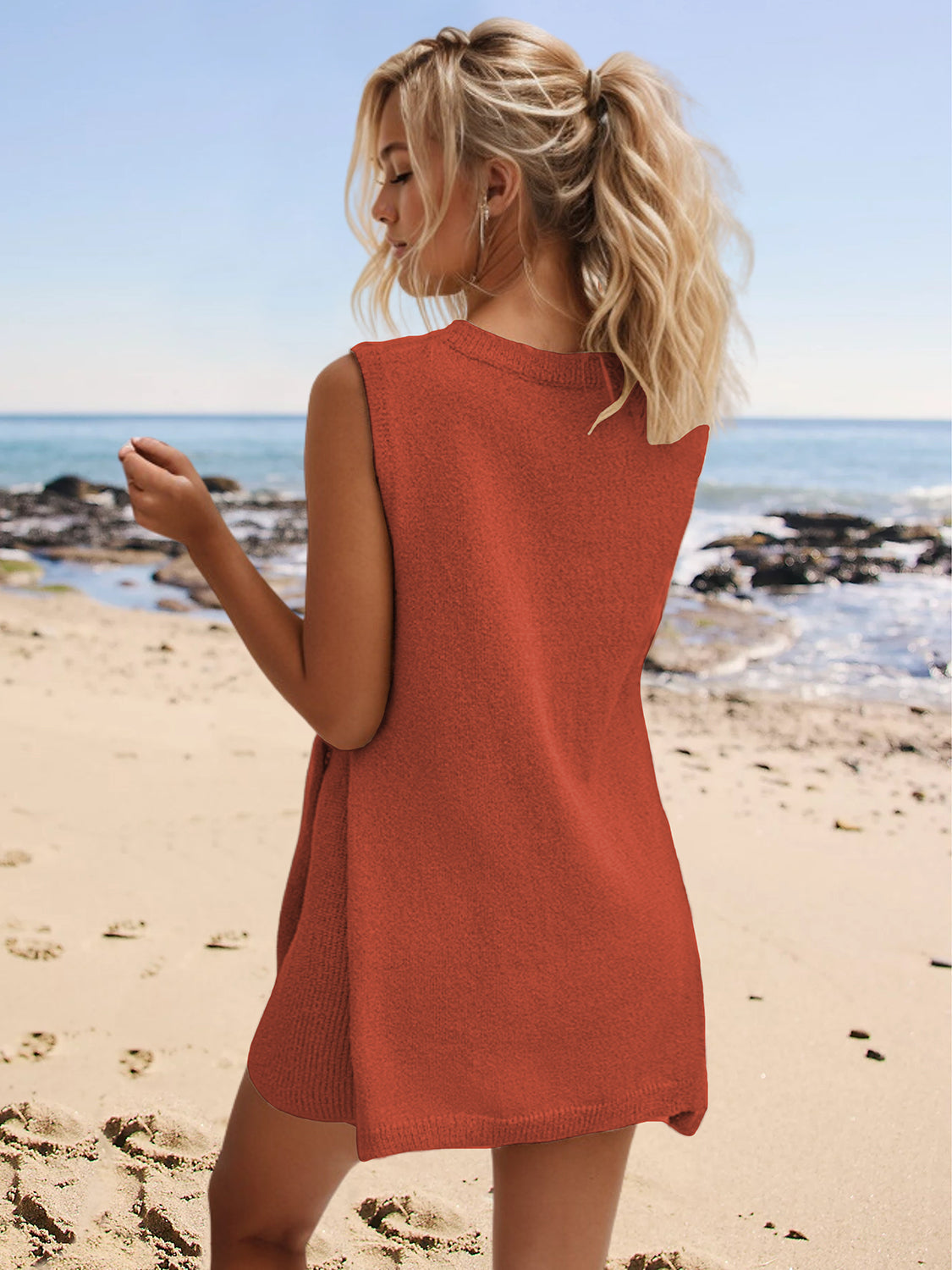 Rust textured knit sleeveless co-ord set with side slits, casual beach styling.