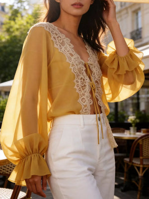 Sheer Lace-trimmed Front Tie Blouse in Khaki, side view