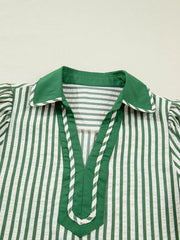 Collared split neck blouse with green and white stripes, bubble sleeves, and contrast trim.