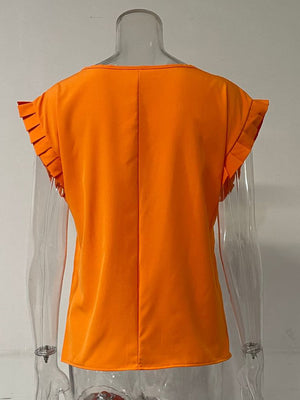 Orange cap-sleeve blouse with pleated sleeve details