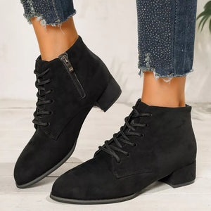 Black suede lace-up ankle boots with block heel and side zipper
