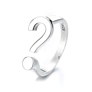 Sterling silver open ring shaped like a question mark with adjustable sizing.