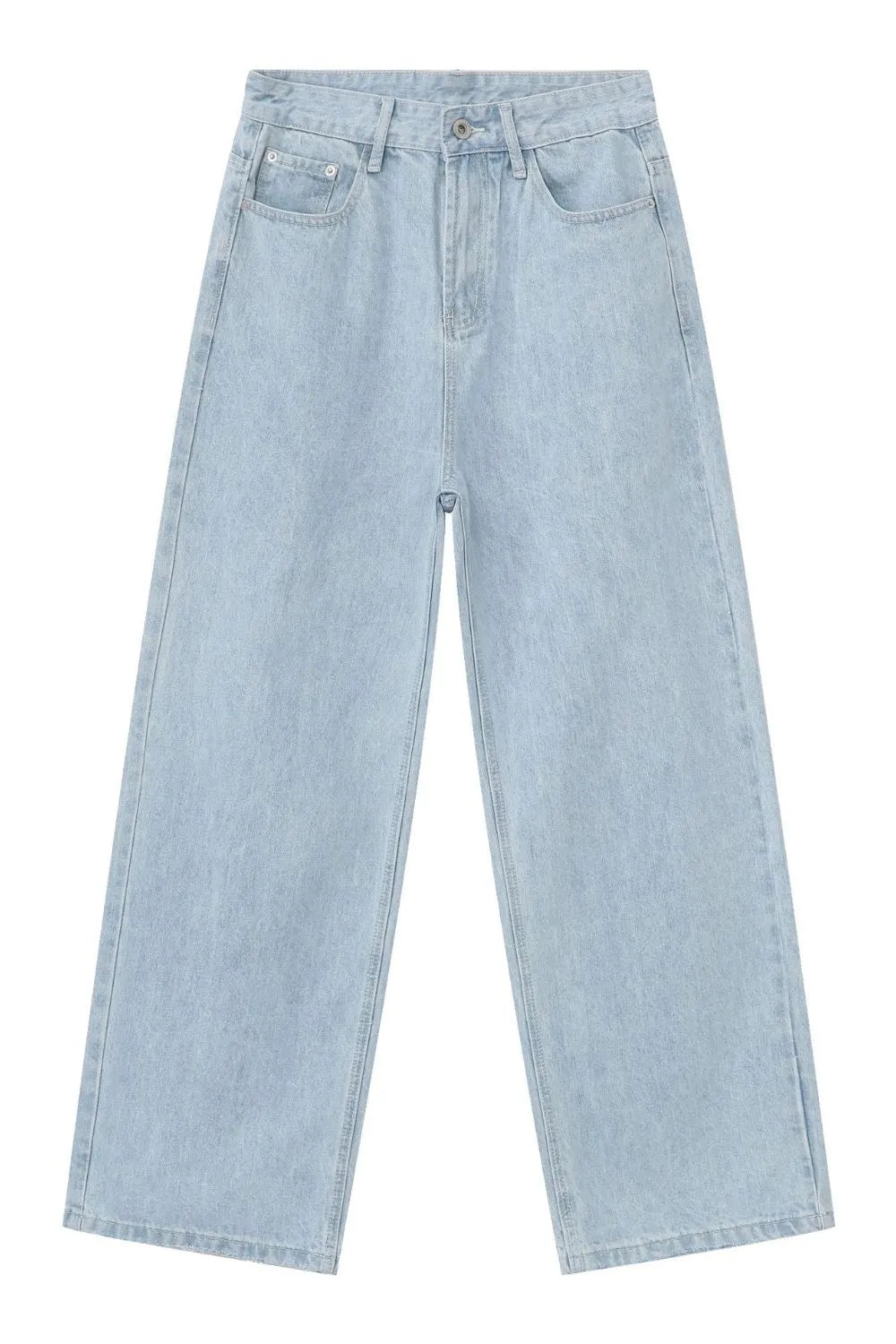 Baggy light blue denim palazzo jeans with button fly and wide legs.