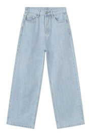 Baggy light blue denim palazzo jeans with button fly and wide legs.