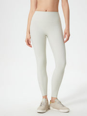 Light gray ribbed high-waist leggings with a seamless fit.