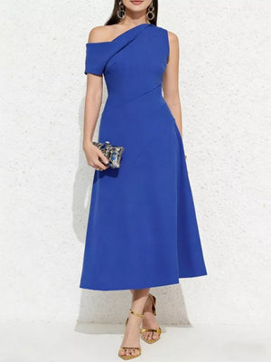 Blue asymmetrical midi dress with one-shoulder neckline and short sleeve.