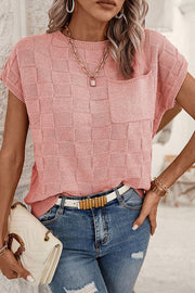 Dusty pink square-knit pocket tee with short sleeves and a crew neck.