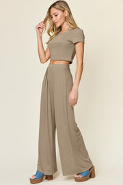 Mocha cropped tee and wide-leg palazzo pants set with a crew neck and short sleeves.