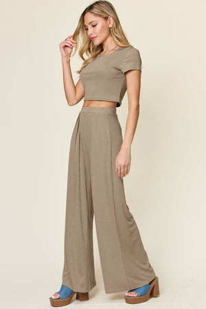 Mocha cropped tee and wide-leg palazzo pants set with a crew neck and short sleeves.