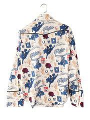 Maternity long sleeve button up shirt in Milky White with a rodeo print, cacti, horses, and roses.