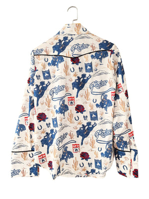 Maternity long sleeve button up shirt in Milky White with a rodeo print, cacti, horses, and roses.