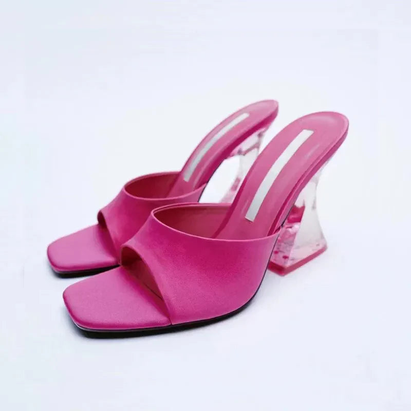 Hot Pink satin mules with square toe and clear sculpted heel.