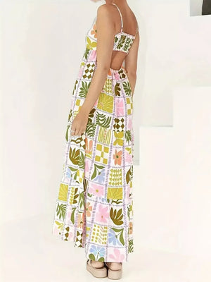 Maternity cami swim dress with cutout back and colorful patchwork floral print.