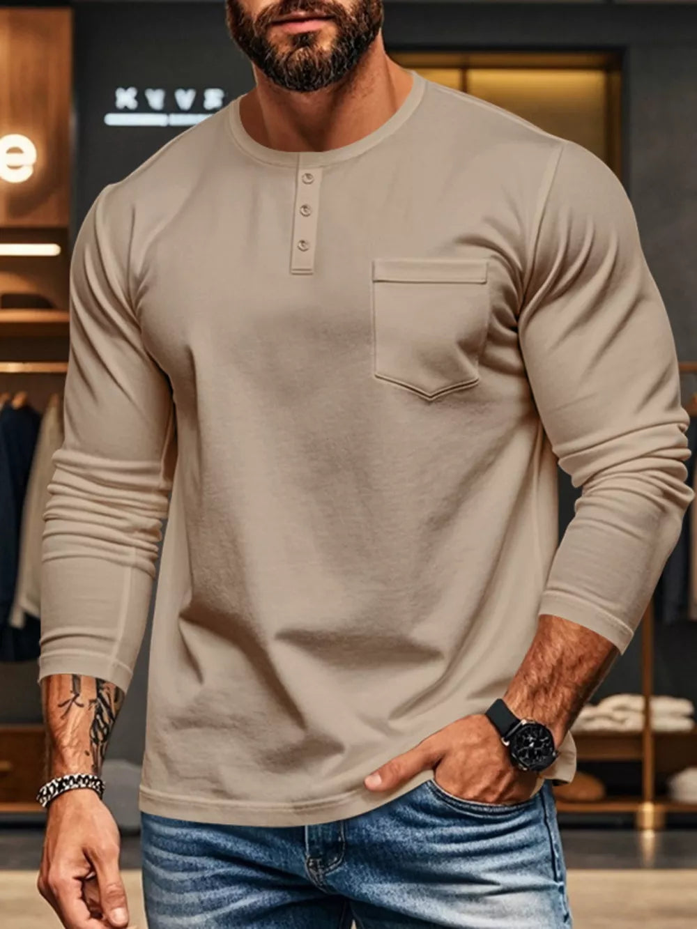 Khaki long sleeve henley t-shirt with button placket and chest pocket.