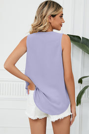 Lavender lace-trimmed V-neck tank top with a curved hem.