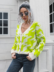 Geometric houndstooth V-neck cardigan in lime and cream acrylic with button front.