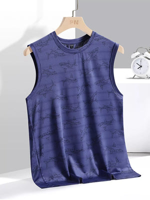Men's dark blue lightweight tank top with all-over shark print and round neck.