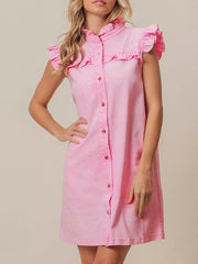 Pink denim dress with ruffled collar and cap sleeves, button-down front.