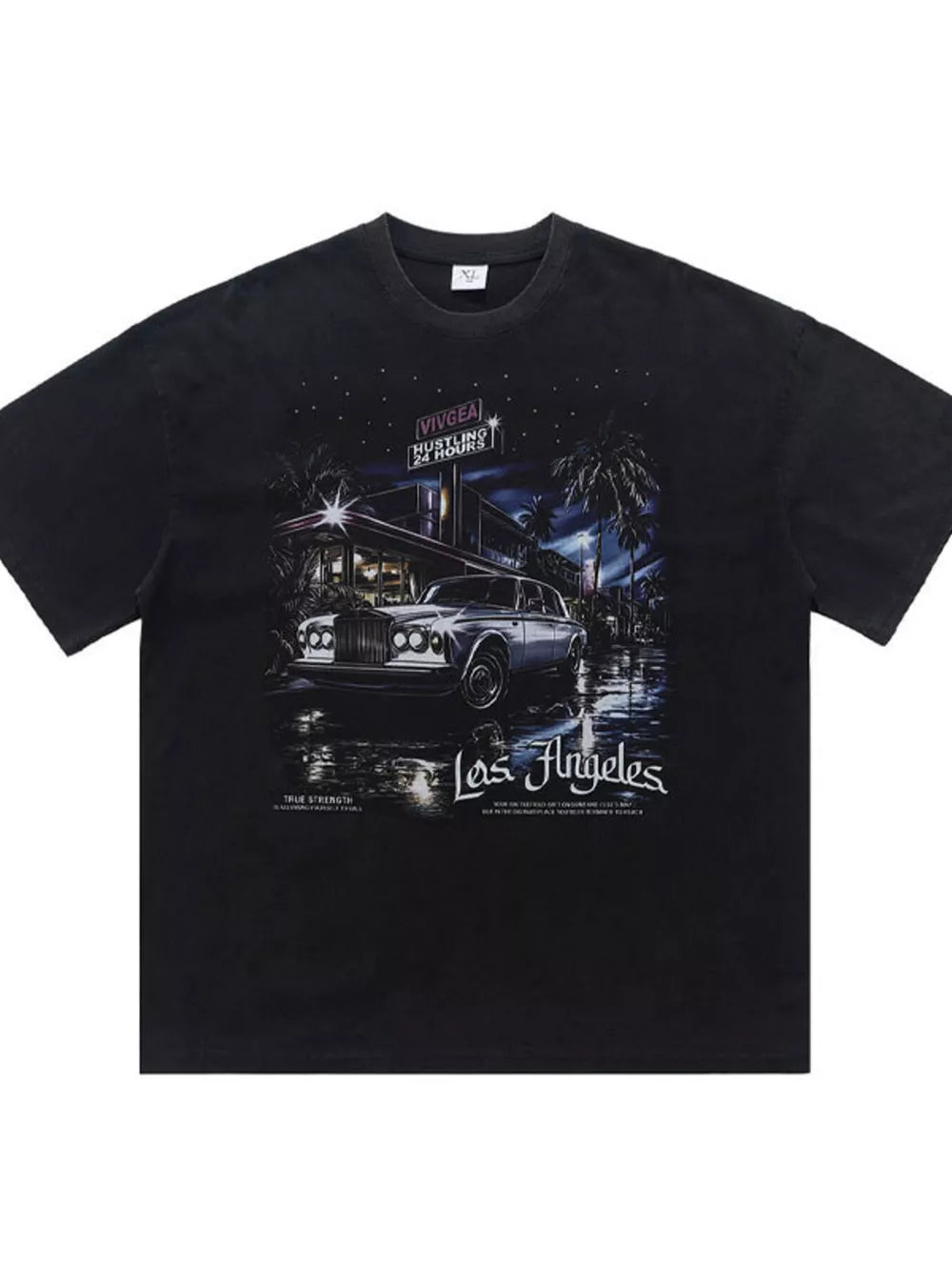 Black cotton t-shirt with vintage Los Angeles graphic featuring a classic car and palm trees at night.